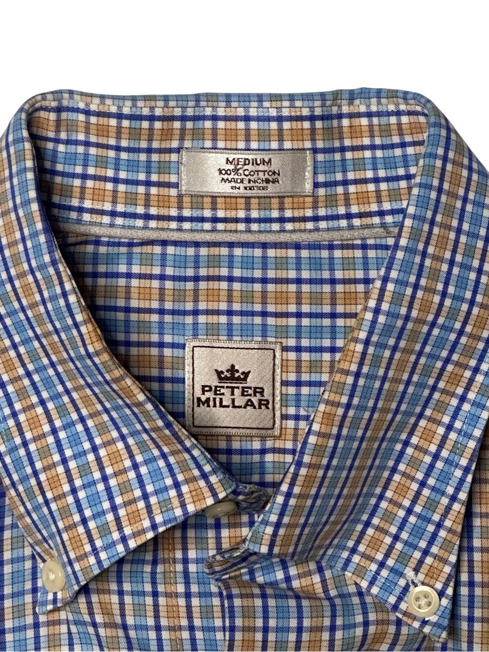 Peter Millar Blue and Brown Plaid Cotton Button-Down Shirt